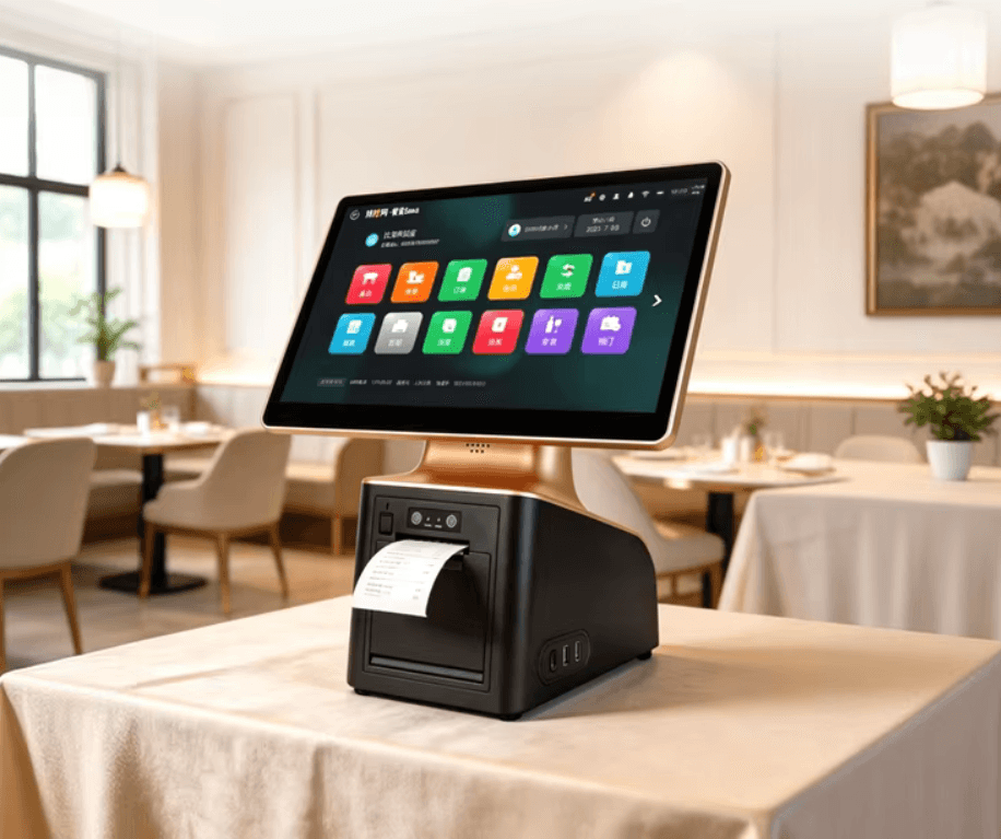 Vysion touchscreen-kassa met bonprinter in een stijlvol restaurantinterieur